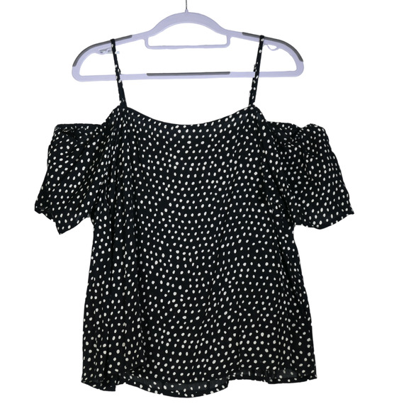 Billabong Blouse Womens Large Black Polka Dot Lightweight Cold Shoulder Boho - Picture 1 of 7